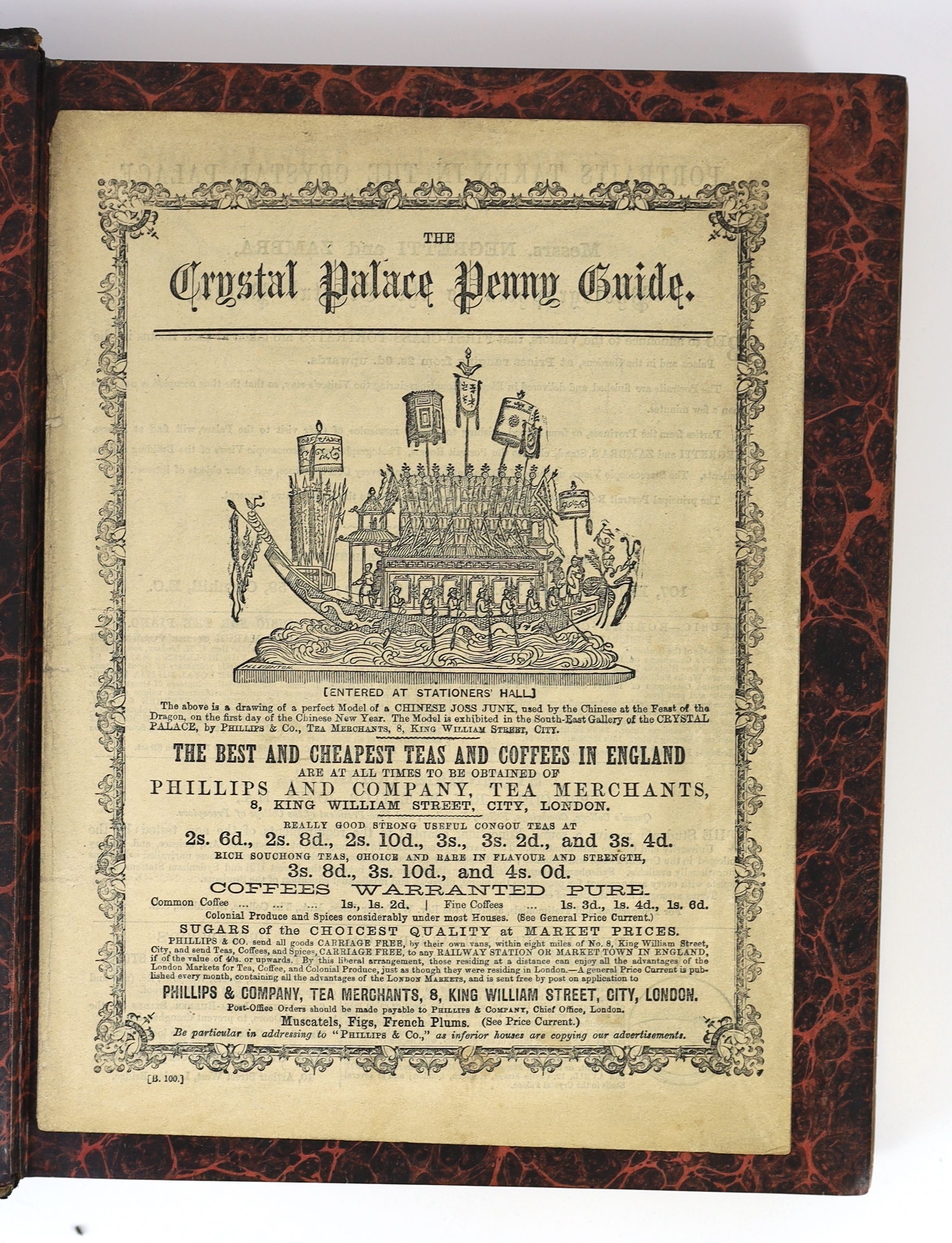 Tallis, John & Co., - History and Description of the Crystal Palace, 3 vols in 2, morocco gilt by John Waterer, tear to frontis repaired, London, [1851-54], together with, ‘’The Crystal Palace Penny Guide’’, 4to, 10pp.